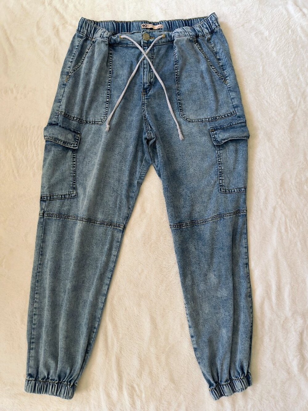 SO High Rise Cargo Jogger Light Acid Wash Drawstring Stretch Size L